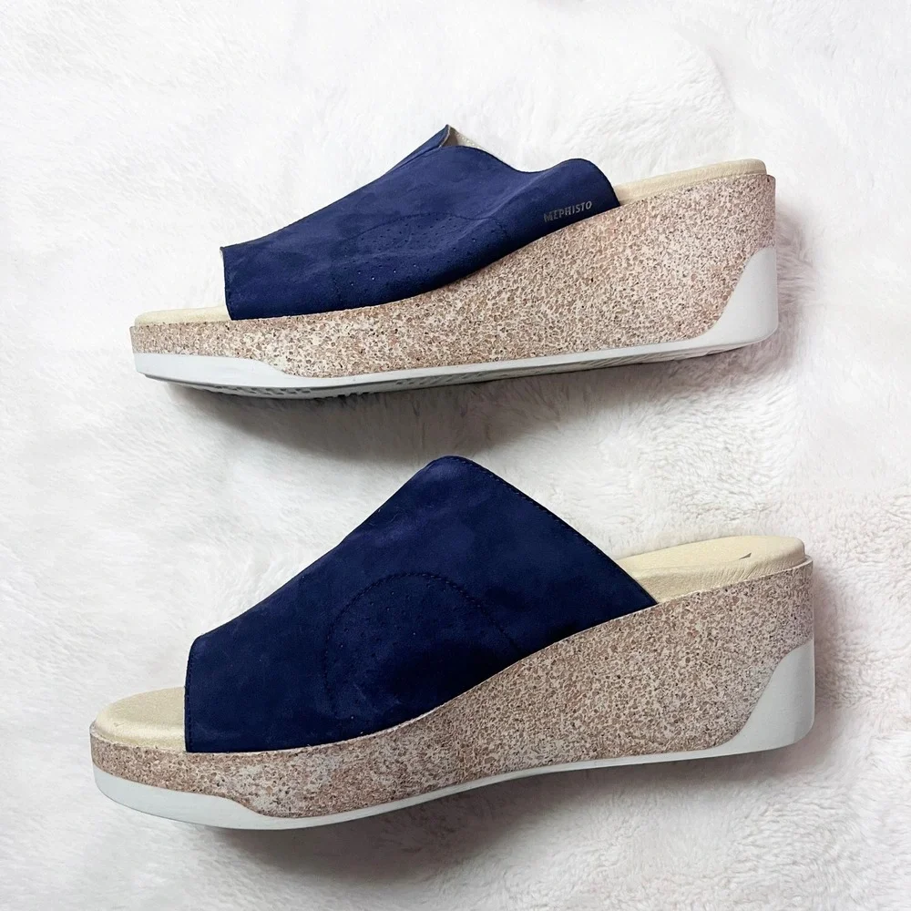 Mephisto Indigo Blue Giuletta Wedge Mule Sandal NWOT Size 42/12 US